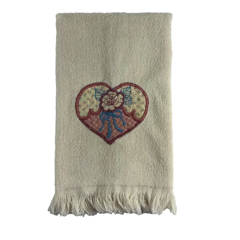 Vintage Hand Towel Heart Applique Cottagecore Pink Blue Flower Bow Fringe